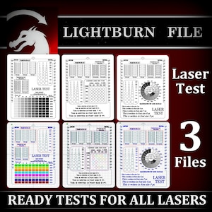 LightBurn-lasertestkaart, test graveer- en snijmateriaal, lasertest SVG-DXF, test met 3 kaarten, laserschaal, vermogensschaal, gravure op lichtverbranding
