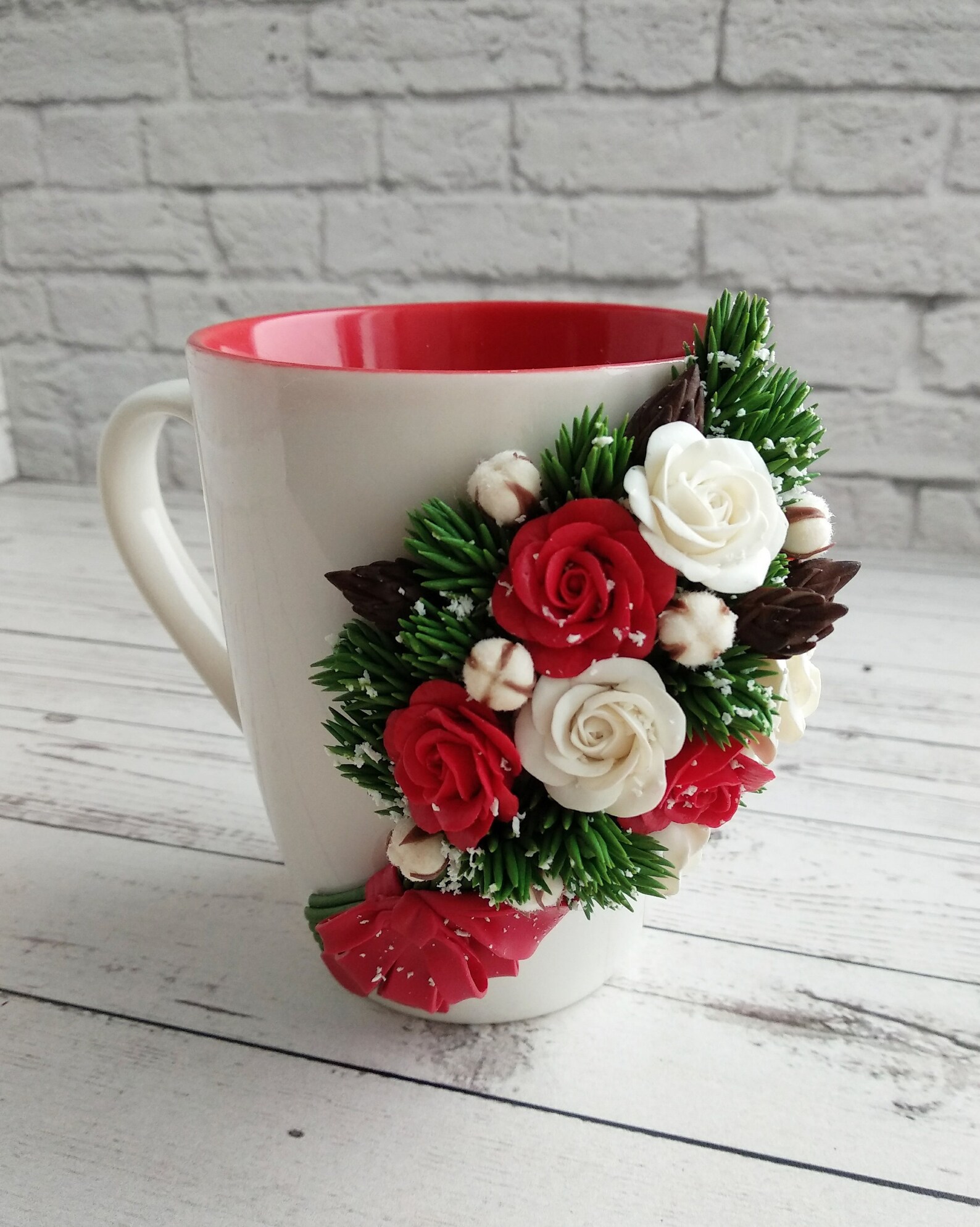 Elegant mug with a bouquet of red roses. Handmade mug. A Etsy