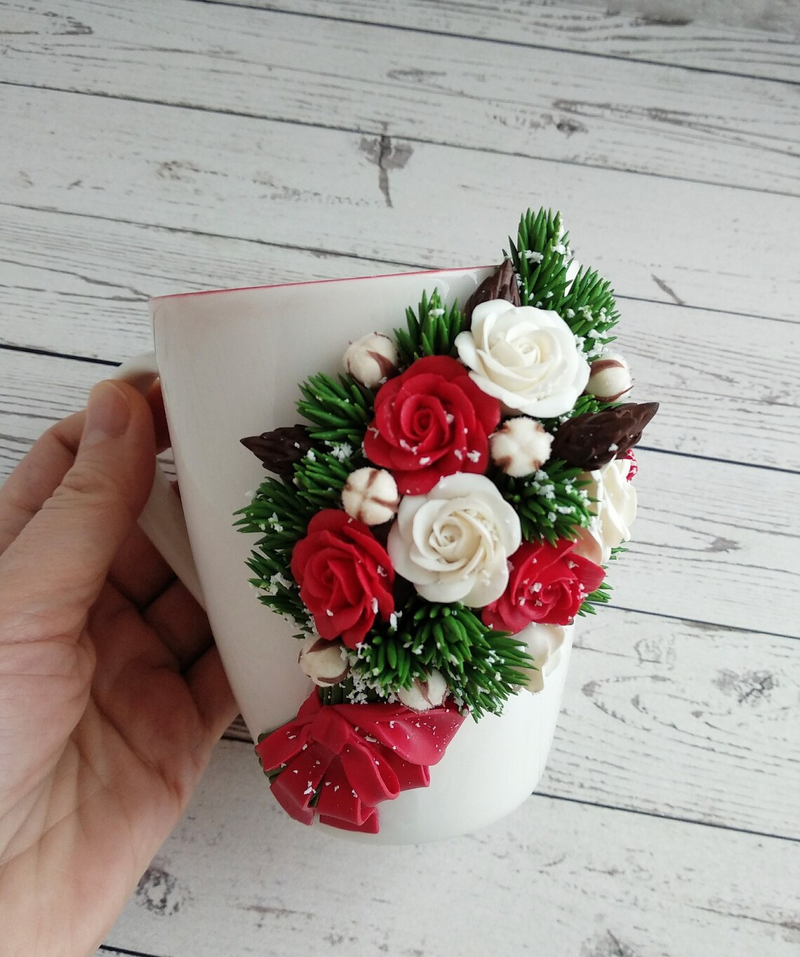 Elegant mug with a bouquet of red roses. Handmade mug. A Etsy