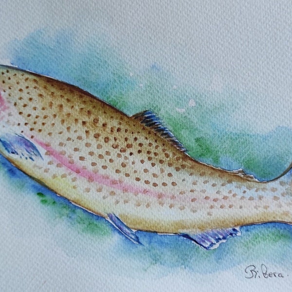 illustration truite - truite arc-en-ciel - aquarelle originale poisson - peinture poisson - aquarelle d'art  -décoration murale