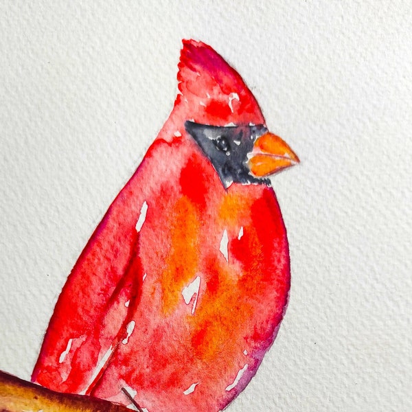 Aquarelle Oiseau Cardinal , Peinture Originale, Décoration d'Intérieur ,décor chambre,  Cadeau d'Anniversaire,