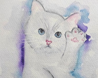original watercolor painting art white cat