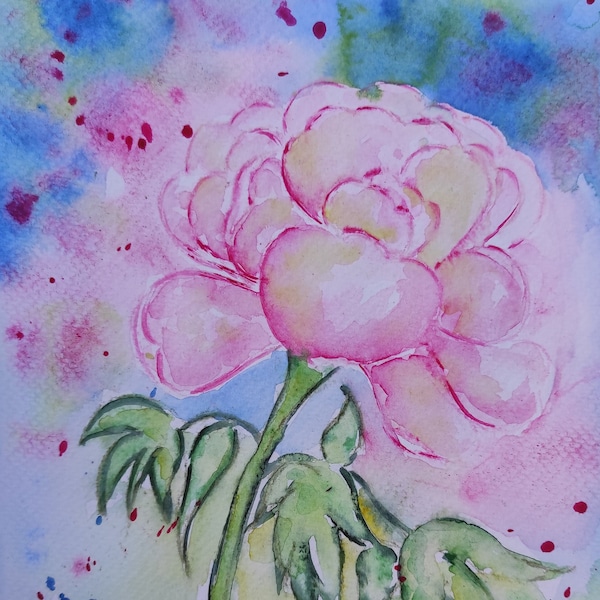 Peinture aquarelle originale et unique d’une pivoines roses du jardin au printemps ,idée cadeau fêtes des mères ,déco maison, œuvre d'art,