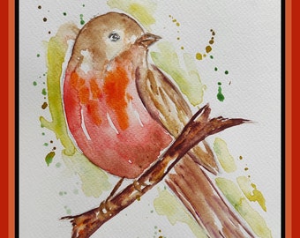 Original watercolor red robin bird painting art