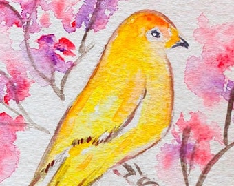 Arte original de acuarela canaria - Pájaro amarillo - Arte animal - Decoración de pared - Pintura de acuarela pájaros decoración del hogar ilustración animal