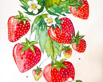Pintura original de fresas en acuarela de 8x10 pulgadas | Obra de arte única hecha a mano | Arte botánico contemporáneo | Ilustración de fruta roja para la cocina
