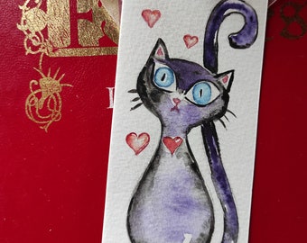 Original watercolor bookmark, painting of a gray cat, bookmark for book hand painted decor reader art gift
