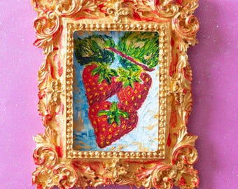 Miniature Strawberry Oil Painting – Tiny Fruit Kitchen Wall Art – Dollhouse Food Decor – Mother&#39;s Day Gift