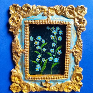 Cuadro flor nomeolvides pequeña pintura arte original empasto pintura al óleo enmarcada regalo de cumpleaños, regalo para amigo,