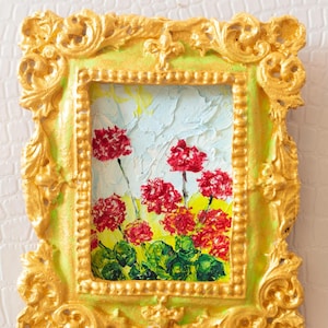 Mini pintura al óleo de geranio: un imán floral decorativo para el hogar