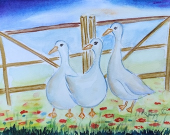 aquarel ganzen, origineel vogelschilderij, slaapkamerdecoratie