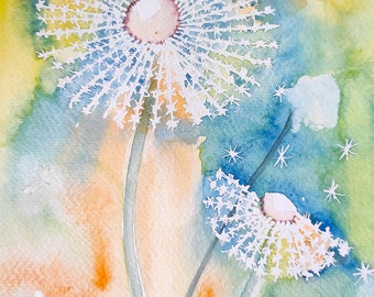Dandelion Watercolor Painting – Original Floral Wall Art, Handmade Gift for Nature Lovers