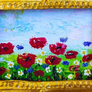 Pintura al óleo en miniatura realista para casa de muñecas: Amapola en marco dorado vintage con imán, regalo para el Día de la Madre.