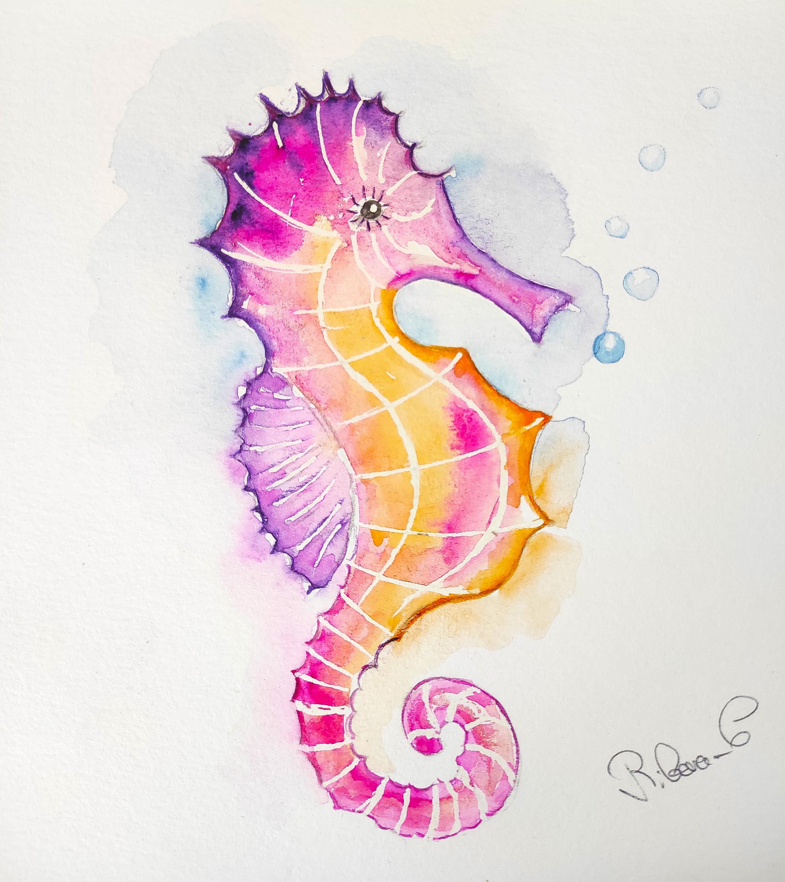 Broderie Crewel Encadrée Poisson Tropical & Hippocampe - Art Mural Vintage 8x6