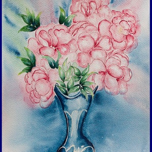 Original Watercolor Peony Art – Pink Flower in Blue Vase – Hand-Painted Floral Wall Decor – Gift for Her, Friend, Mother’s Day