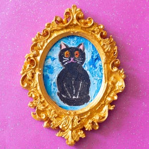 mini  Peinture Originale à l’Huile – Cadre Doré Élégant – Cadeau Idéal pour Amoureux des Chats