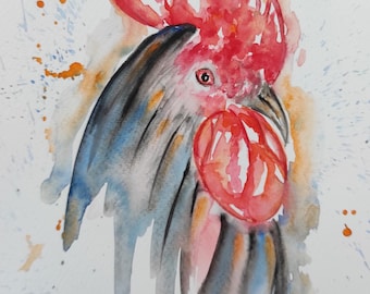 Rustic Rooster Painting – Country Farmhouse Decor, Kitchen Wall Art, Original Watercolor
