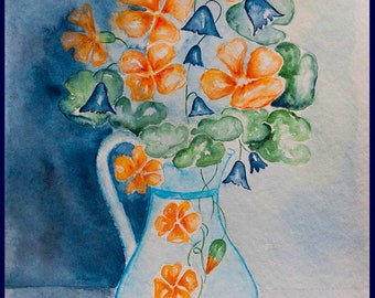 Original watercolor painting of  flowers nasturtium , dinning room set