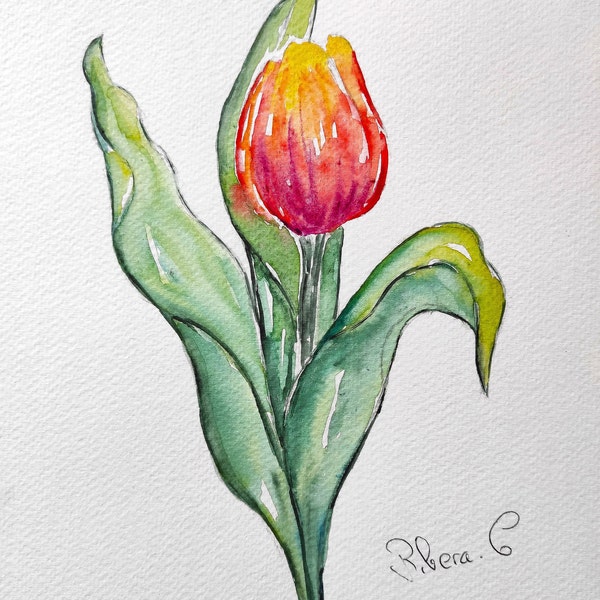 aquarelle originale tulipe du jardin,  fleurs du printemps art mural, décoration d'intérieur, cadeau  femme, cadeau pour  amie, anniversaire