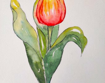 Acquerello originale di tulipani - Dipinto di fiori primaverili - Decorazione da parete per soggiorno - Regalo - Opera d'arte botanica unica 8x10 - Regalo floreale fatto a mano