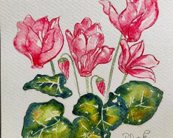 Original Cyclamen Watercolor Painting – Hand-Painted Floral Art 15x15 cm (5.9x5.9 in)