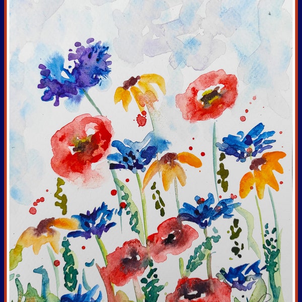 Fleur des champs et coquelicot - Aquarelle originale