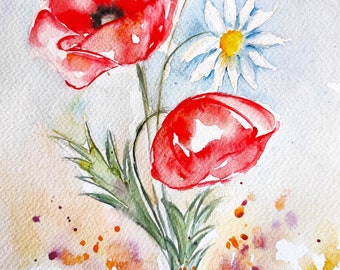 Peinture aquarelle de coquelicots, art original de fleurs de pavot rouge cadeaux pour femme cadeaux anniversaire