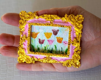 Miniature Realistic tulips Oil Painting with Magnet - Tiny Floral Art