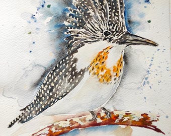 Original crested  Kingfisher Watercolor Painting | Signed Bird Art, A4 Nature Decor