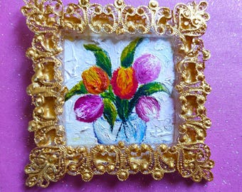 Miniature Realistic Tulips Oil Painting with Magnet - Tiny Floral Art
