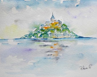 モンサンミッシェル フランス 水彩画のオリジナルアートプリント