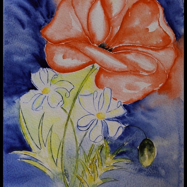 Aquarelle originale de fleurs coquelicot et marguerite, peinture originale fleurs, décoration murale idée cadeau maman, art floral pour déco