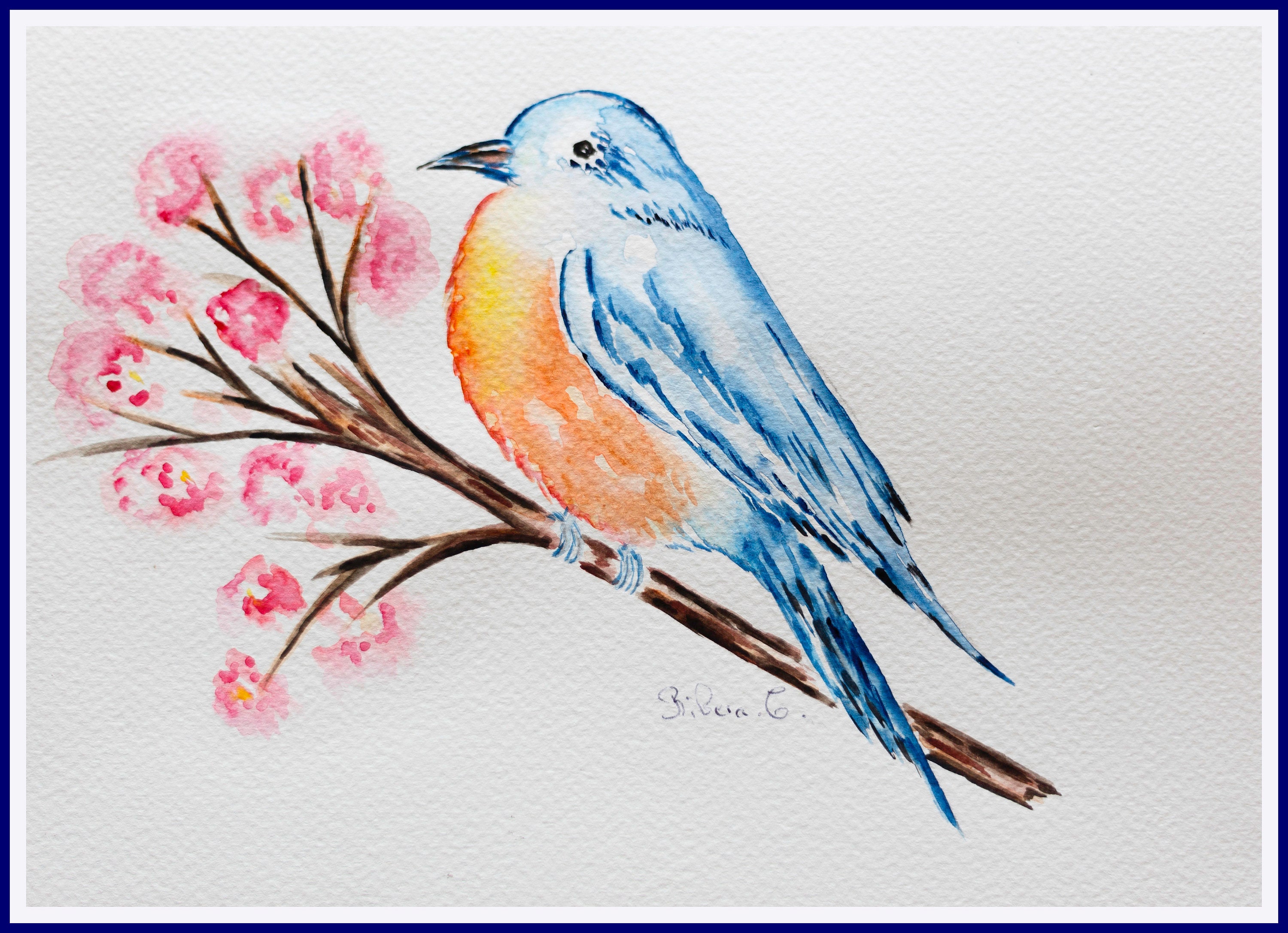 オリジナルのアオガラの絵画 - ミニチュア鳥の水彩画 - 自然の壁アート