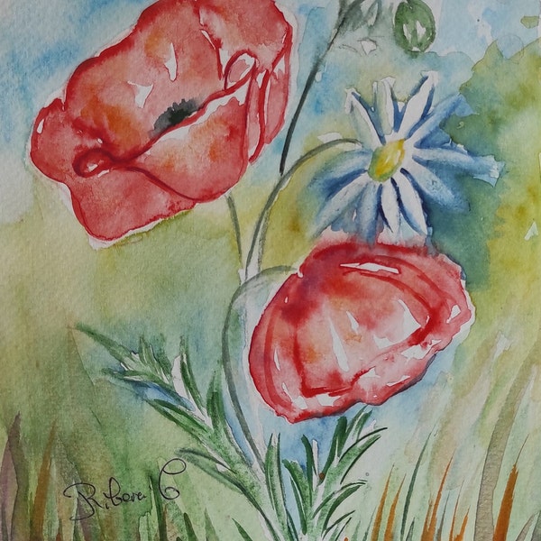 Peinture originale en aquarelle coquelicot - cadeau artistique délicat