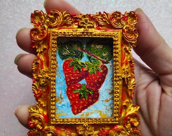 Miniature Strawberry Oil Painting – Tiny Fruit Kitchen Wall Art – Dollhouse Food Decor – Mother's Day Gift