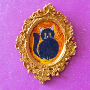 Original Oil Painting – Black Cat Art – Small Canvas – Handmade Animal Artwork