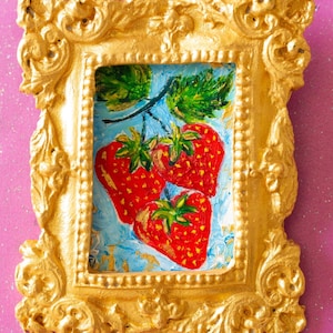 Peinture Miniature à l’Huile | Fraise Réaliste | Décoration Maison de Poupée | Art Mural Cuisine