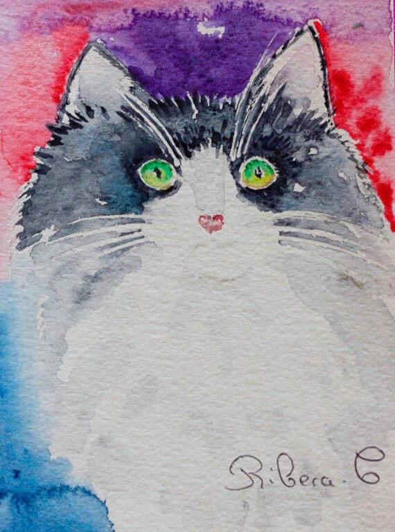 Chat Aquarelle Original, Art, Animaux, Illustration, Décor à La Maison, Chambre d'enfant, Faune, Art