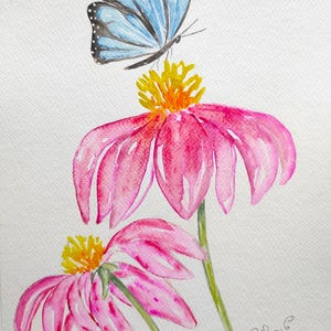 Acquerello originale di fiori di echinacea viola e farfalla blu, decorazione murale, arredamento d'interni, regalo di compleanno, festa della mamma