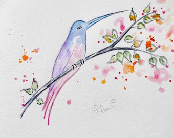 May include: Watercolor painting of a hummingbird perched on a branch with leaves and flowers. The bird is depicted in shades of blue, purple, and pink. The branch has green leaves and pink, orange, and red flowers.