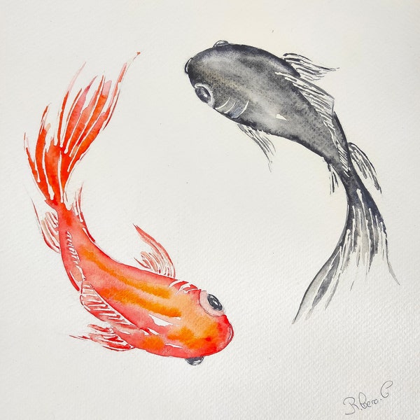 Art mural Feng Shui pour la maison, peinture de poissons de l'étang Koi, aquarelle originale