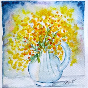 Acquerello originale di un mazzo di mimosa, dipinto di mimosa, regalo per l'amica moglie, compleanno, decorazione artistica da parete per cucina, camera da letto, ufficio
