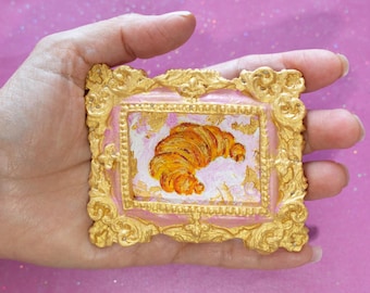 Miniature Personalized Oil Painting – Croissant in Gold Frame – Custom Kitchen Art – Unique Gift