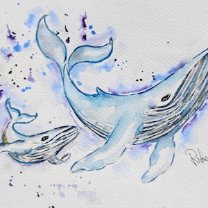 pintura de acuarela de ballena jorobada, arte, animal, ilustración, arte marino, arte de la vida marina, decoración del hogar del océano marino de Bretaña