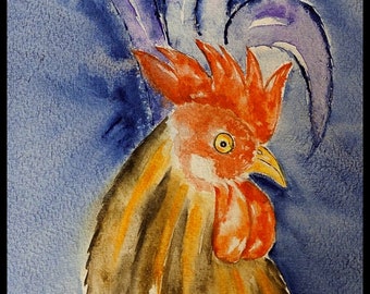 Original watercolor rooster painting, country style wall art, farmyard rooster painting,