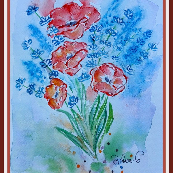 lavande et coquelicot aquarelle originale