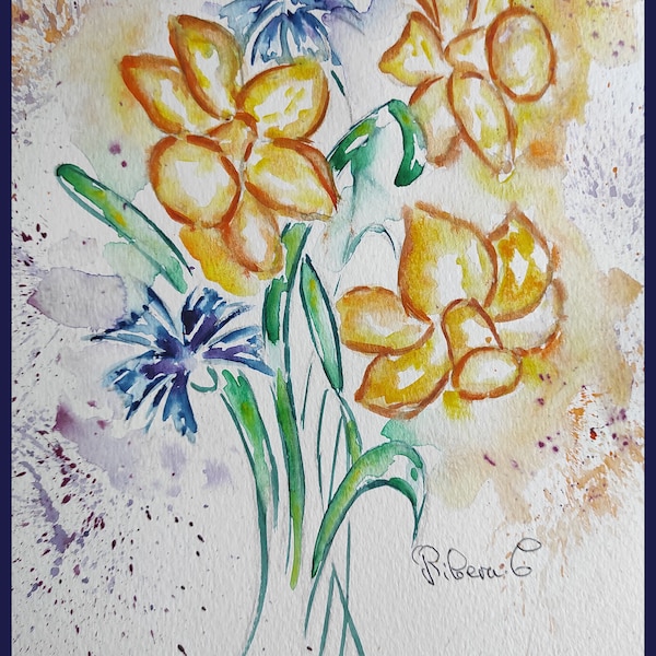 Jonquilles jaunes Fleurs Narcisse vase de printemps Décor mural Aquarelle Peinture