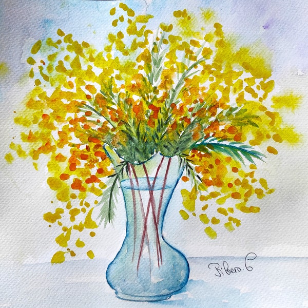 Aquarelle originale d’un bouquet de mimosa, peinture de mimosa,  art mural, décoration d'intérieur, cadeau pour femme, cadeau pour une amie