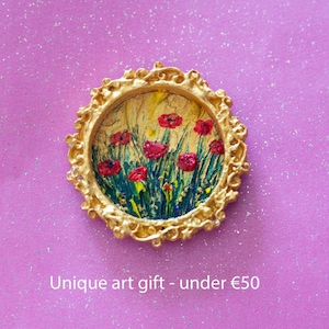 Mini cuadro redondo de amapola – Arte floral original al óleo – Pintura con marco dorado – Regalo natural hecho a mano – Decoración de pared