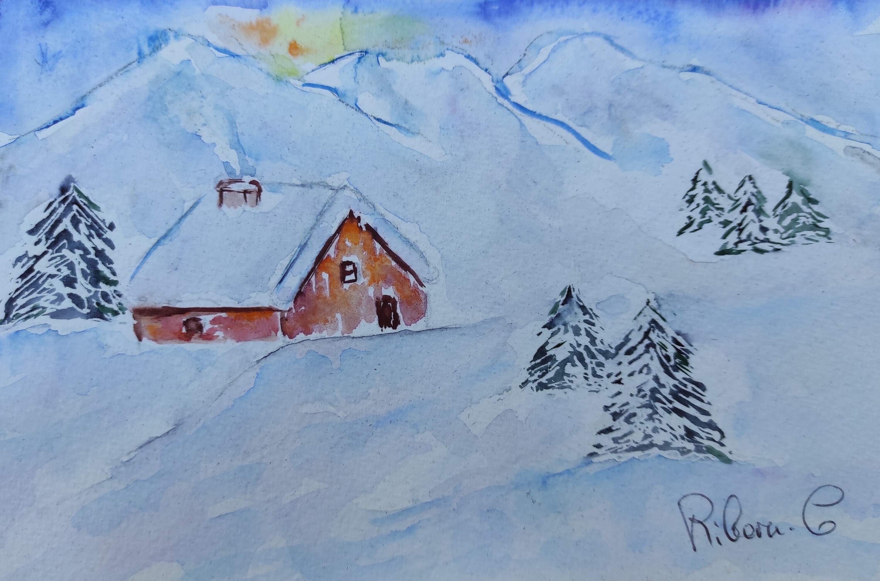 Aquarelle Originale - Chalet Au Bord D'une Falaise, Paysage De Montagne Des Alpes